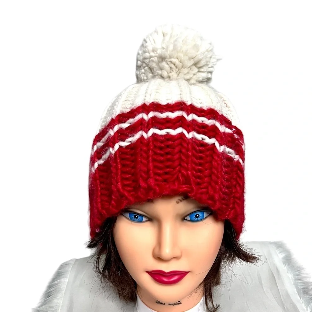 Express Pom Beanie Cream/Red New With Tags